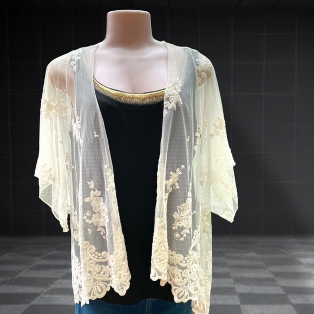 Band of Gypsies Ivory Embroidered Mesh High Low Kimono Duster Size Large